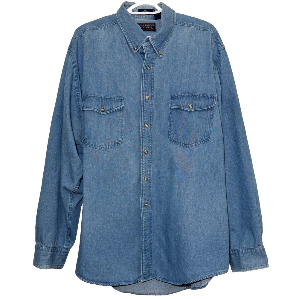 Roundtree & Yorke Mens XXL Denim Chambray Button Down Shirt Blue 100% Cotton